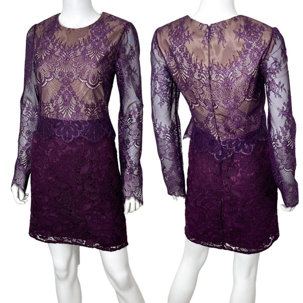 Monique Lhuillier Long Sleeve Lace Metallic Shimmer Sheath Mini Dress in Purple